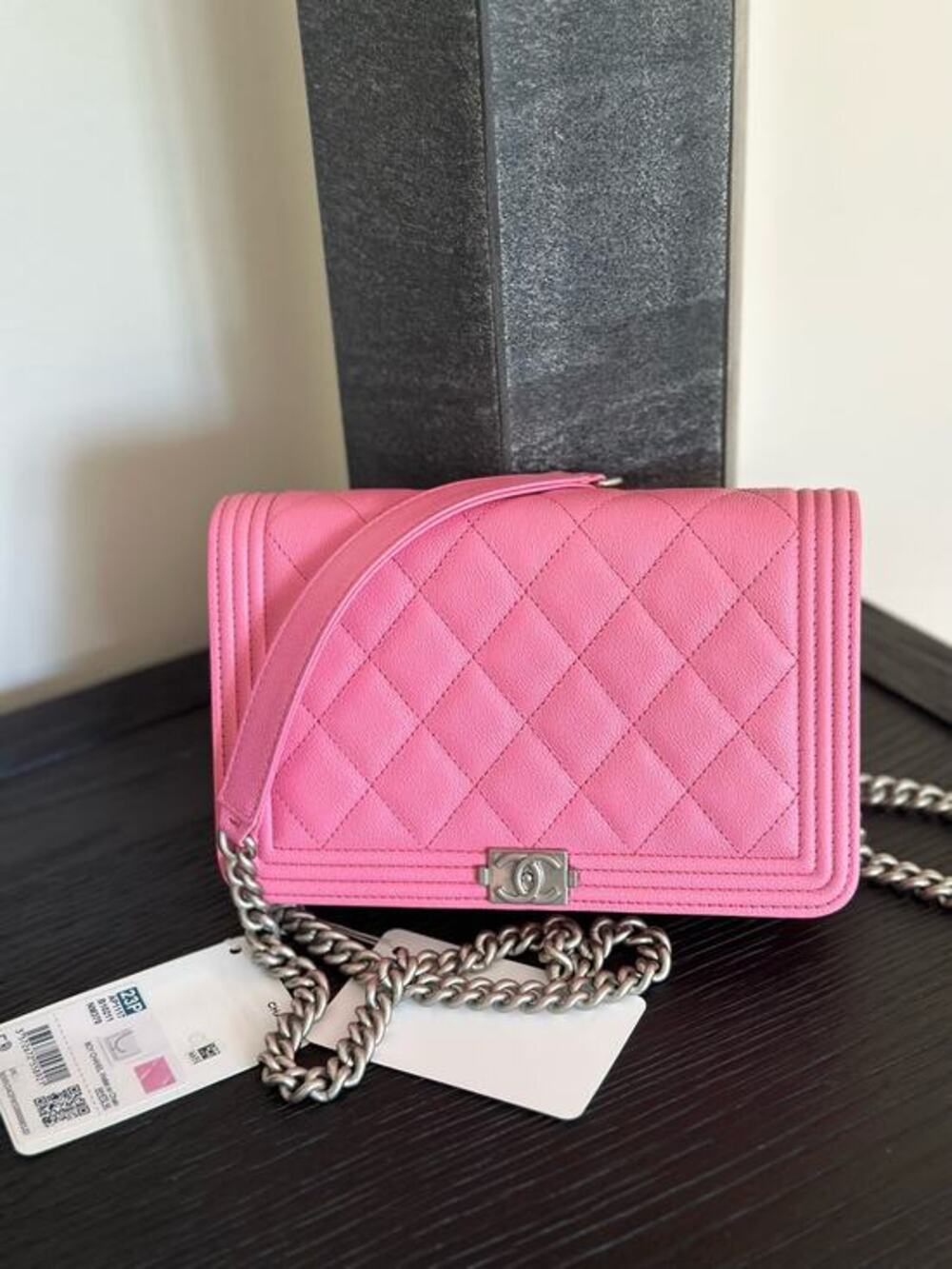 Chanel NWT caviar pink silver hardware boy wallet on chain bag